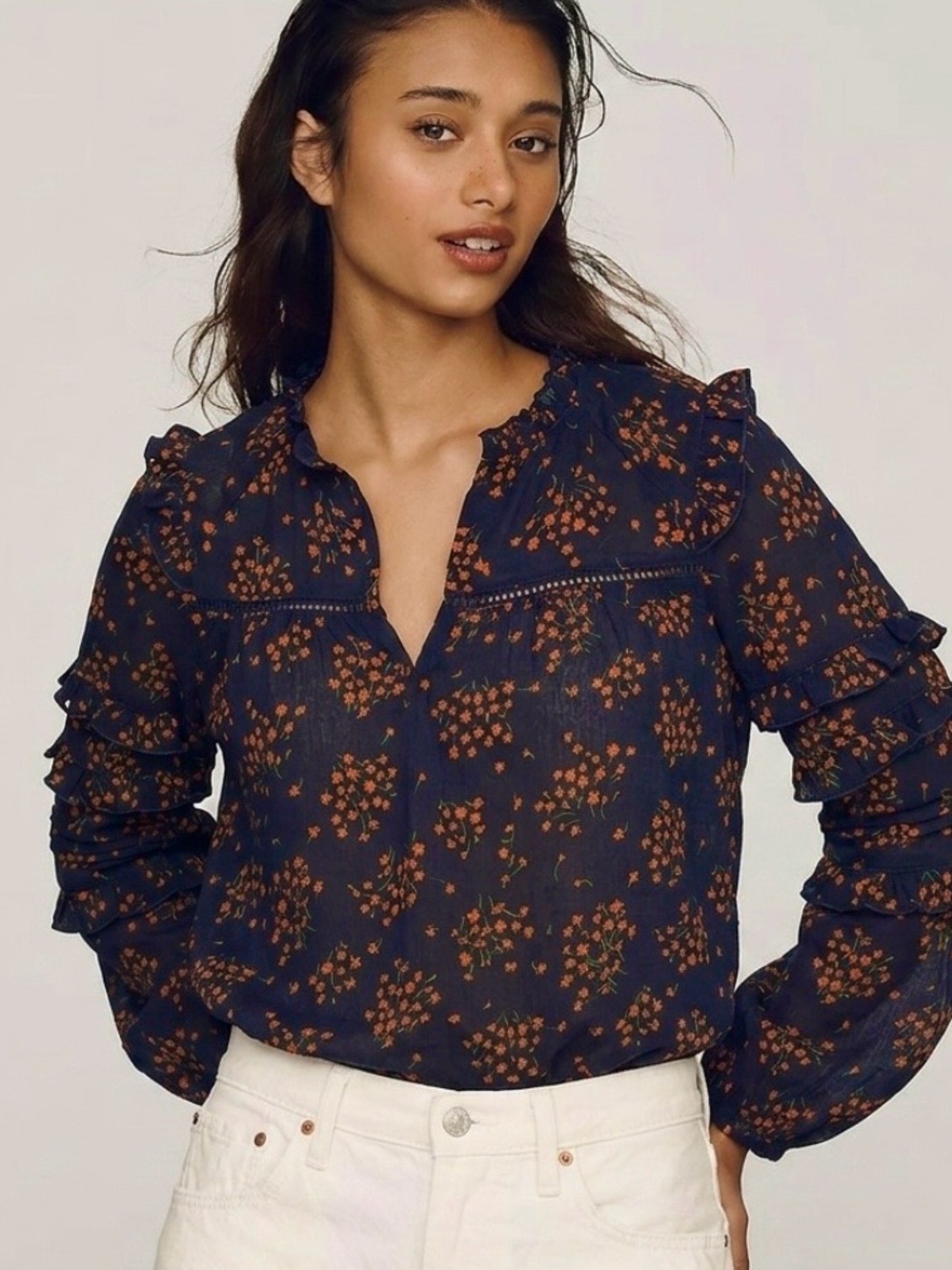 Ann Taylor Ditsy Floral Peasant Blouse Petite XXS Sheer Ruffle Drawstring Neck